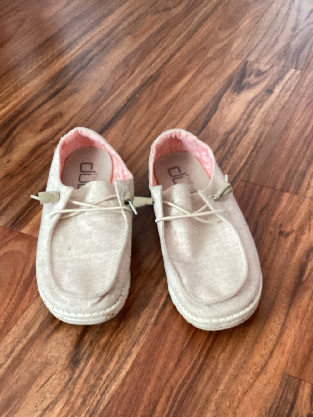 Hey Dude womens Tan Canvas Slip-On Moccasins with Pink Interior
